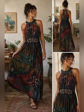Anthropologie Geesha Designs Artwear Maxi DressBoho Festival Wearable Art Dress